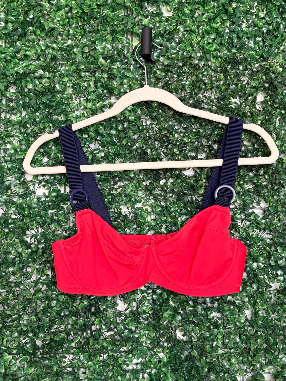 aerie Red Bikini Top with Navy Straps and Ring Detail